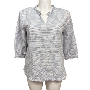 Chico’s Striped Textured Floral Blouse Ruffle Neck 3/4 Sleeve Large